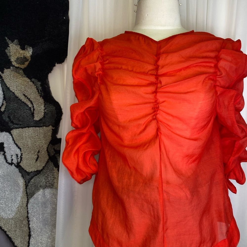 H&M Red Puff Sleeve Ruched Blouse